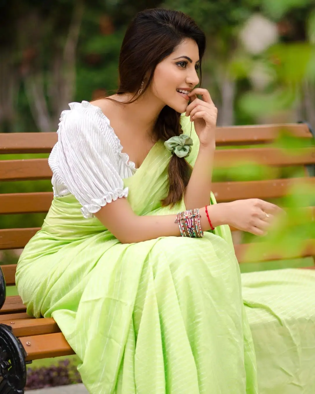 Tamil Girl Athulya Ravi Stills In Green Saree White Blouse